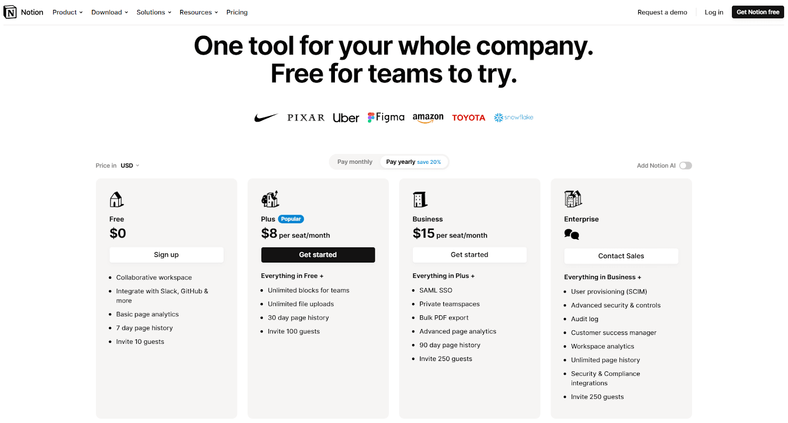 Screenshot of Notion's pricing page