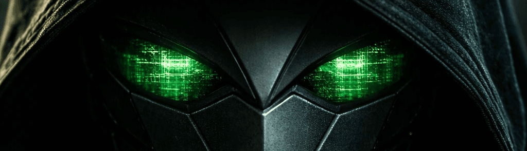 Glowing green eyes in a digital hooded style symbolising Anonymous Tips’ race-day insight and market awareness