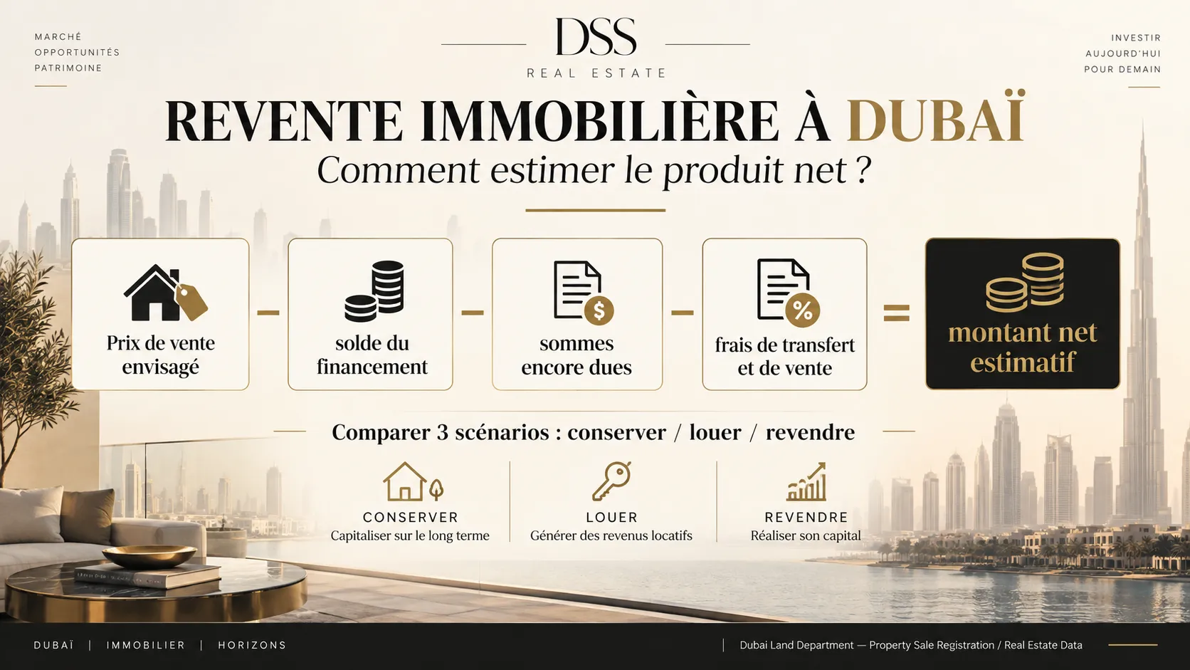 Infographie du calcul du montant net estimatif après la revente d’un bien immobilier à Dubaï