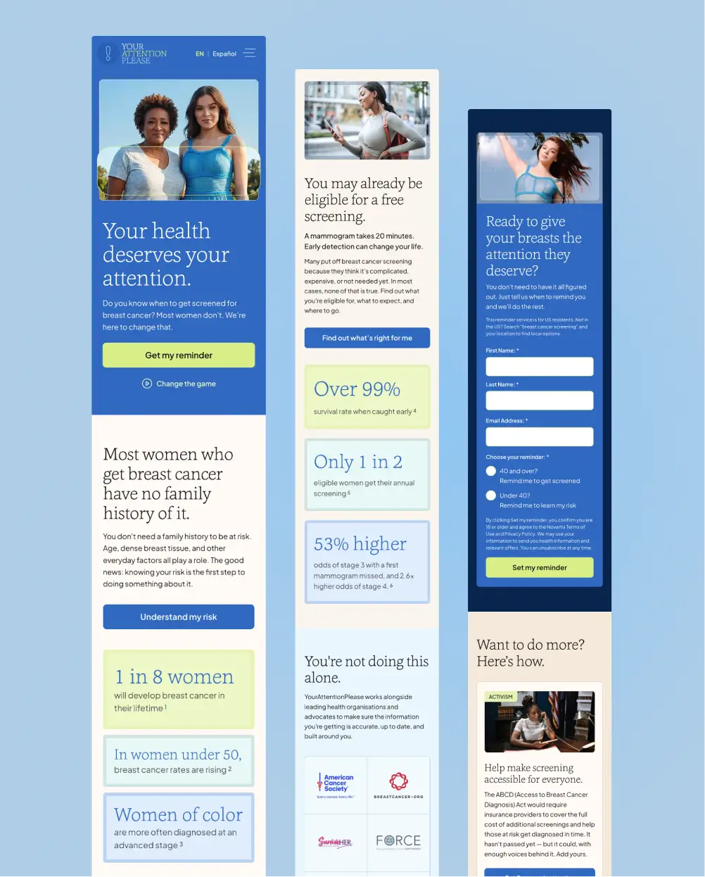 Three mobile screenshots showing the homepage scroll featuring fact cards, educational content and a reminder sign-up form.