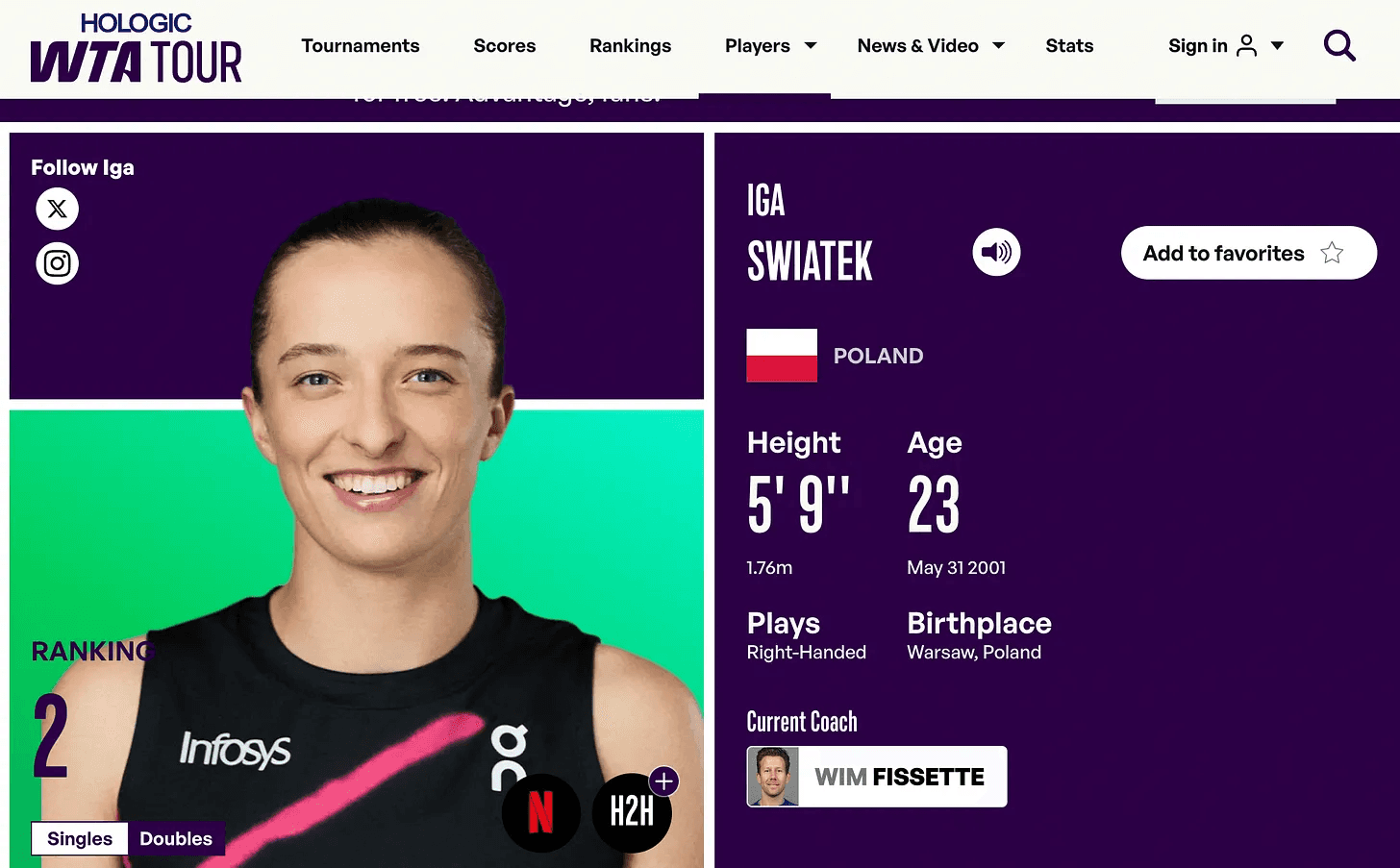 A shot of the “hero” photograph, the redone color scheme, and the other features, such as social media and documentary badges, that is part of the WTA’s rebranding of players.
