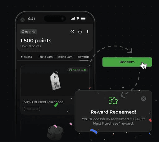 Mobile loyalty app reward redemption flow: a user with a 1,500-point balance selects a "50% Off Next Purchase" promo code in the Rewards tab, taps Redeem, and gets a "Reward Redeemed!" confirmation.
