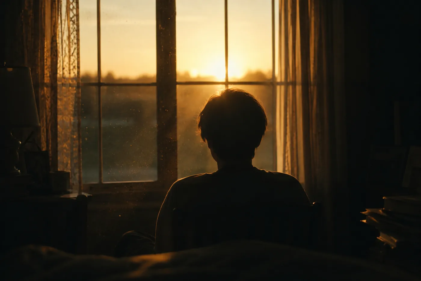 Silhouette of a person sitting quietly by a bedroom window at sunrise