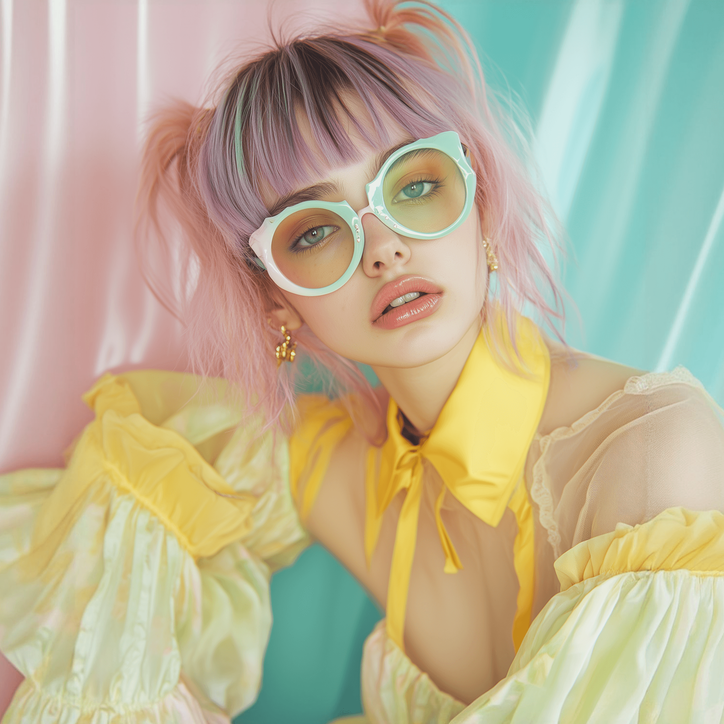 A person with pastel-colored hair and oversized glasses poses against a backdrop of soft pink and teal.