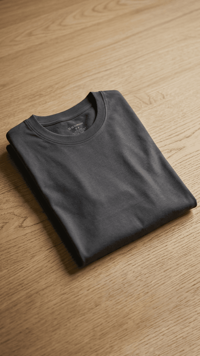 Folded dark grey t-shirt on wooden surface