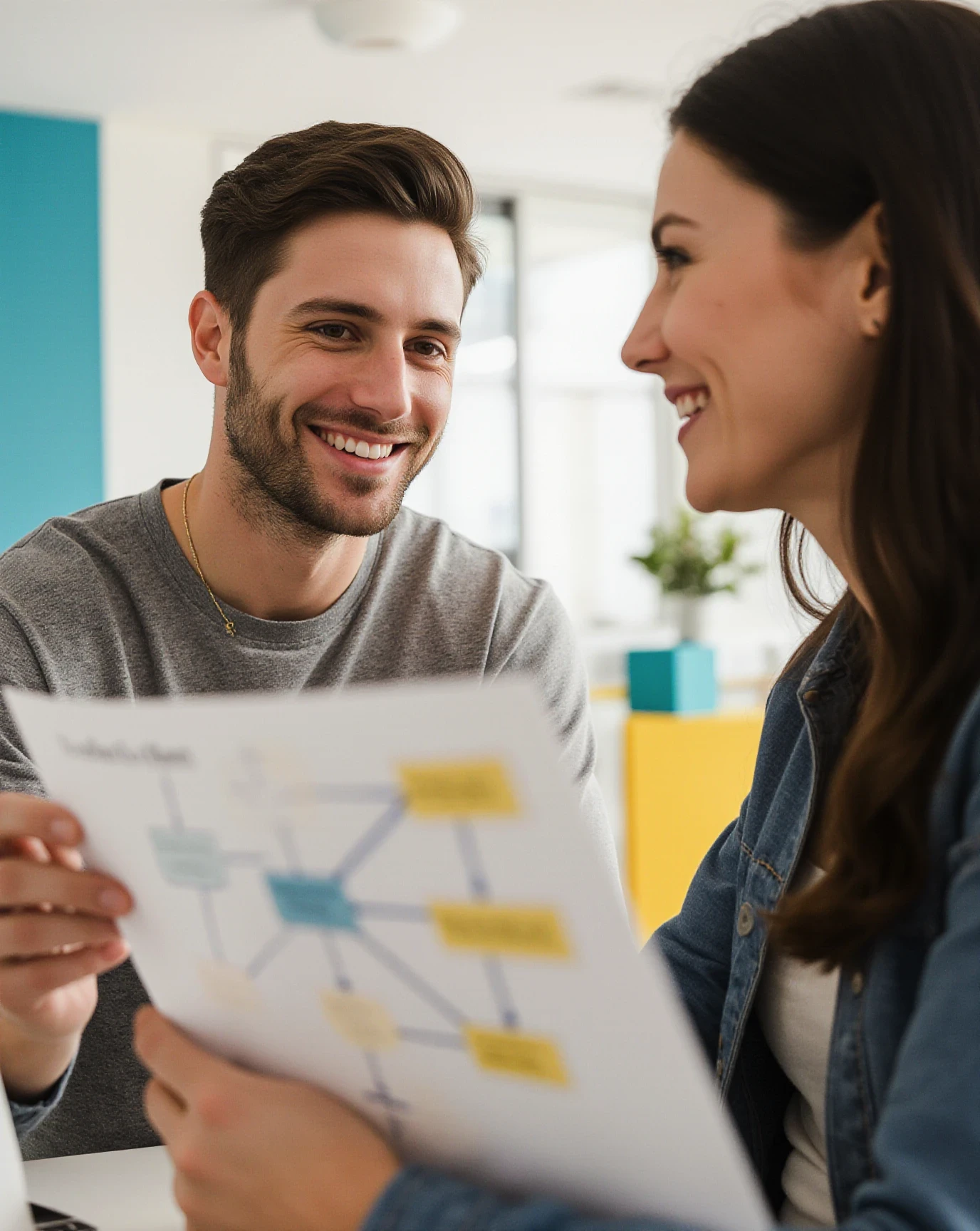A realistic close-up photography of creative office scene with 2 casual people smiling collaborate at the flowchart, featuring blurred yellow and teal decor and a relaxed atmosphere.