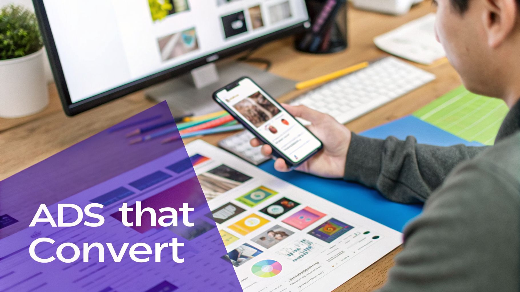 A person at a desk holding a smartphone, looking at marketing designs on paper and a computer screen.