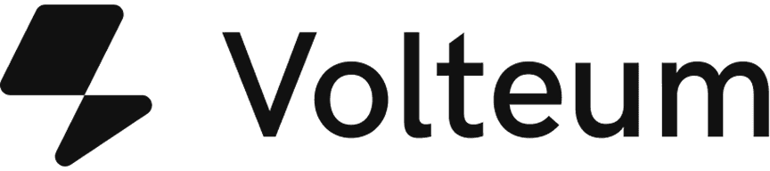 Volteum logo - grey text on a black background with a lightning bolt symbol. Power, energy.