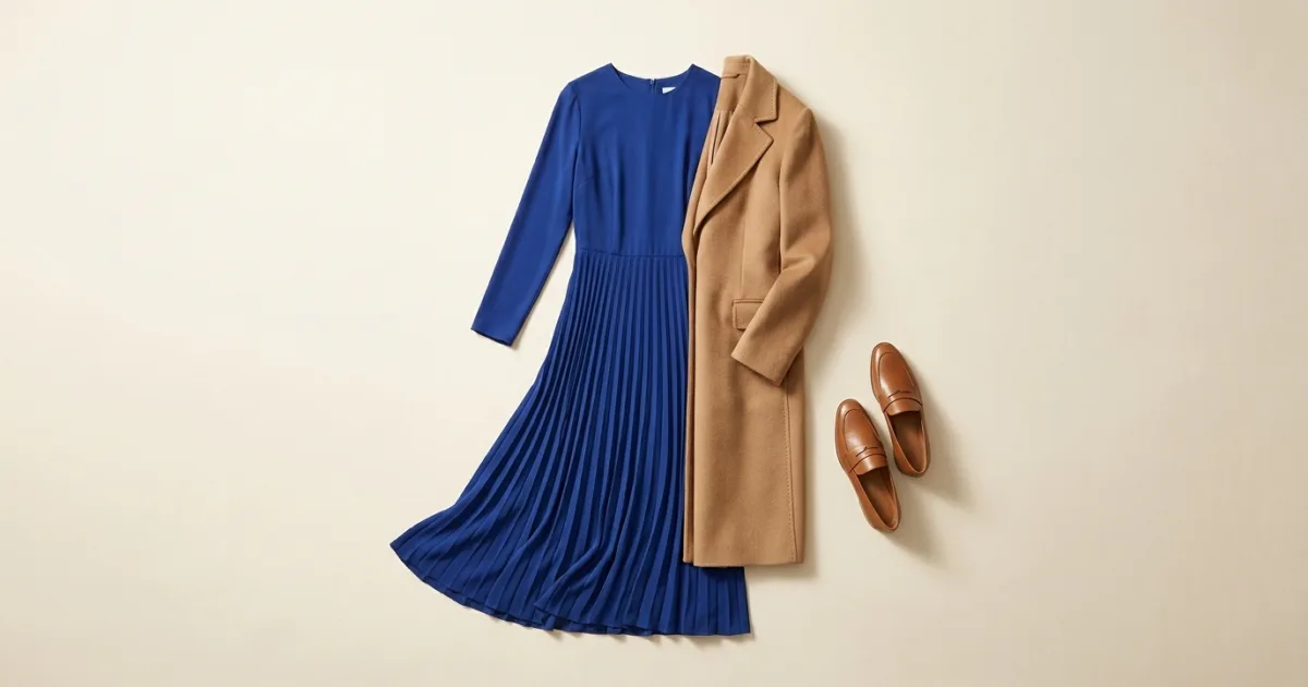 Royal blue pleated dress shown with a camel coat and camel leather loafers
