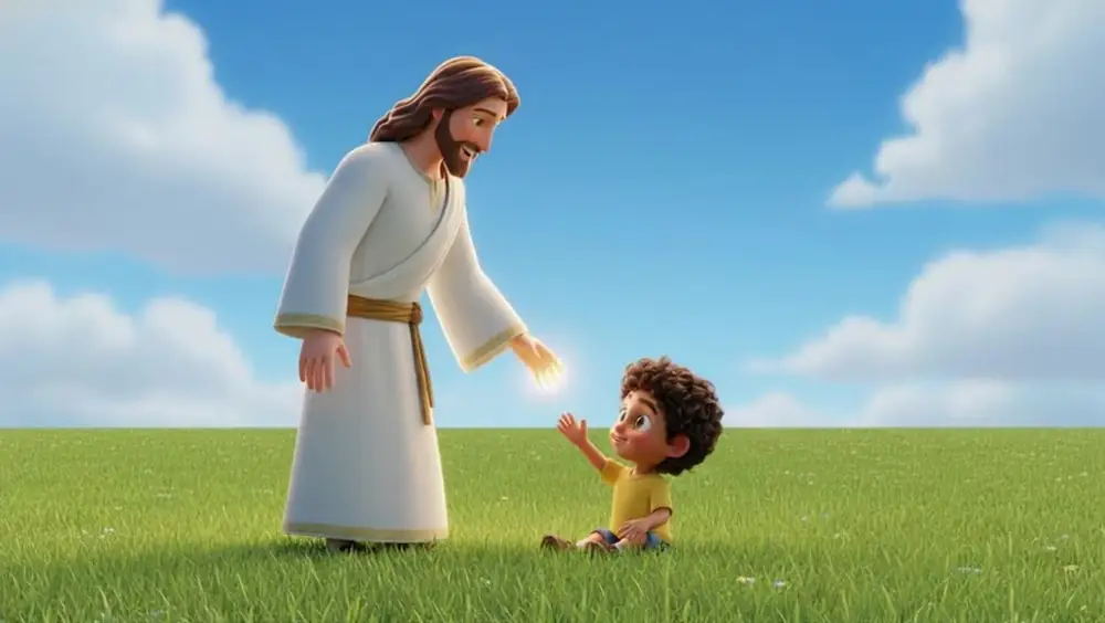 Scene 12: Jesus reaching a hand down toward the boy sitting in the grass
