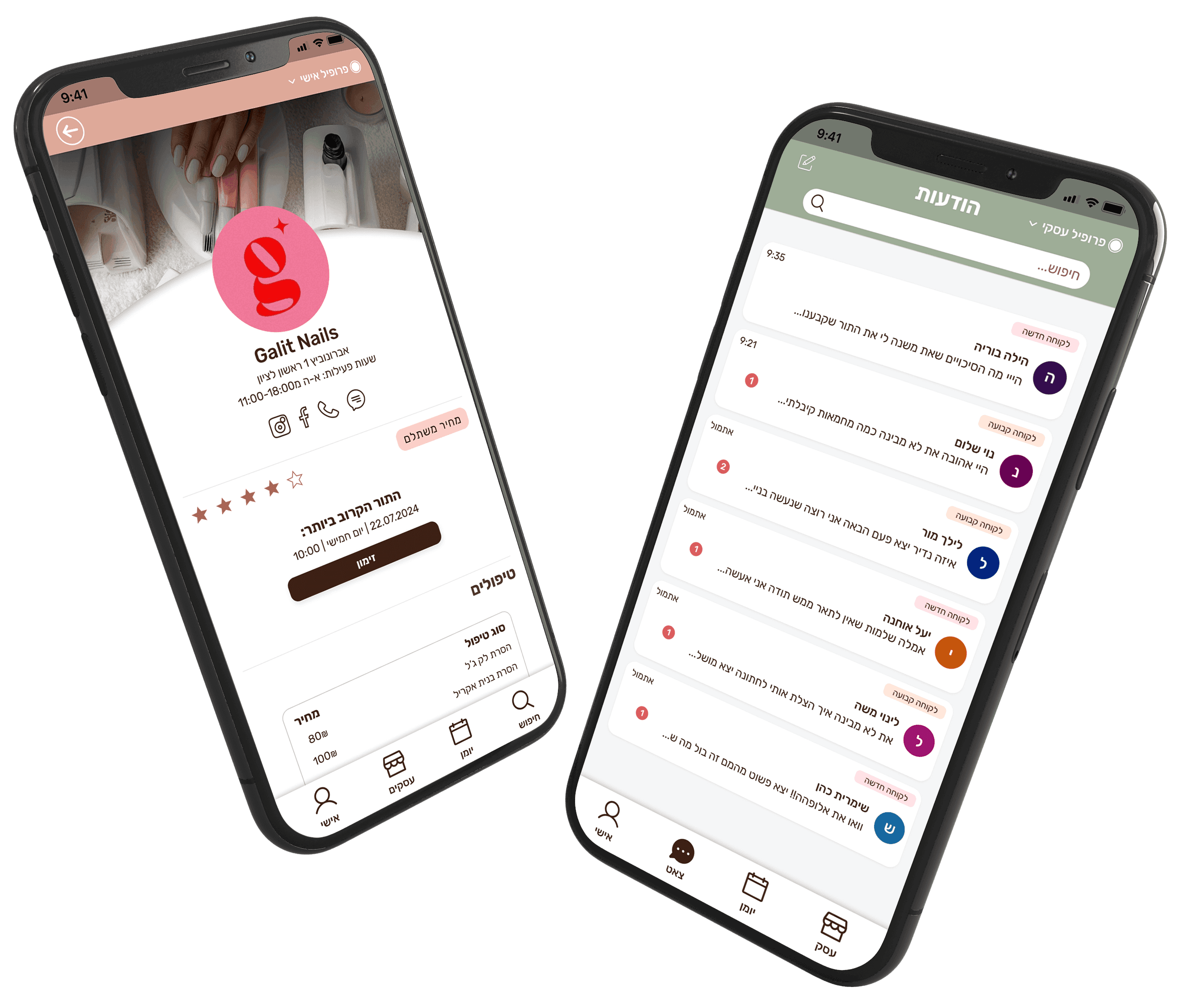 Mobile app mockup showing login, client, and business owner screens from the GLAMIT booking app