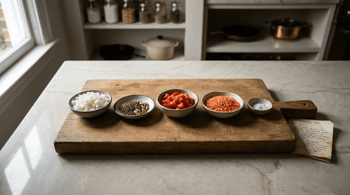 mise en place bowls of prepped ingredients sequenced on cutting board