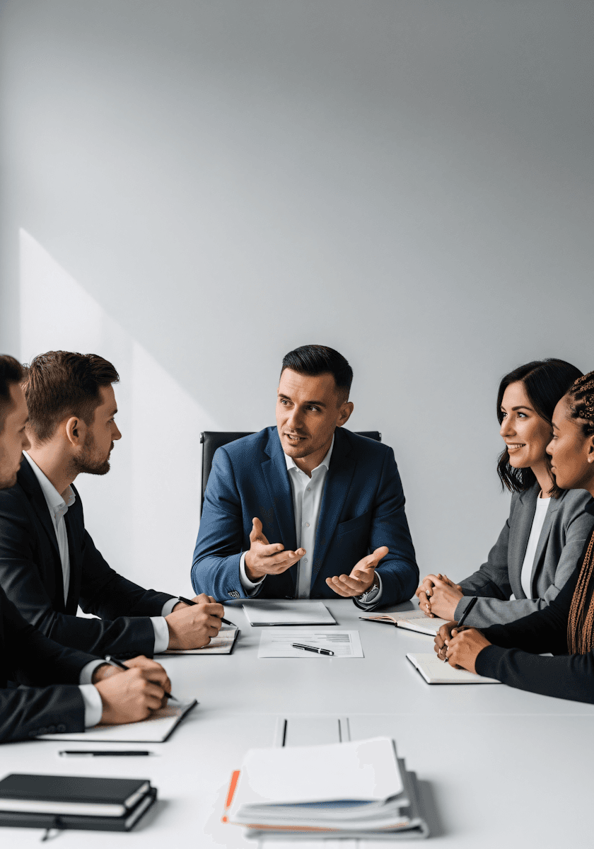 A group of professionals engaged in discussion around a conference table with papers and laptops.