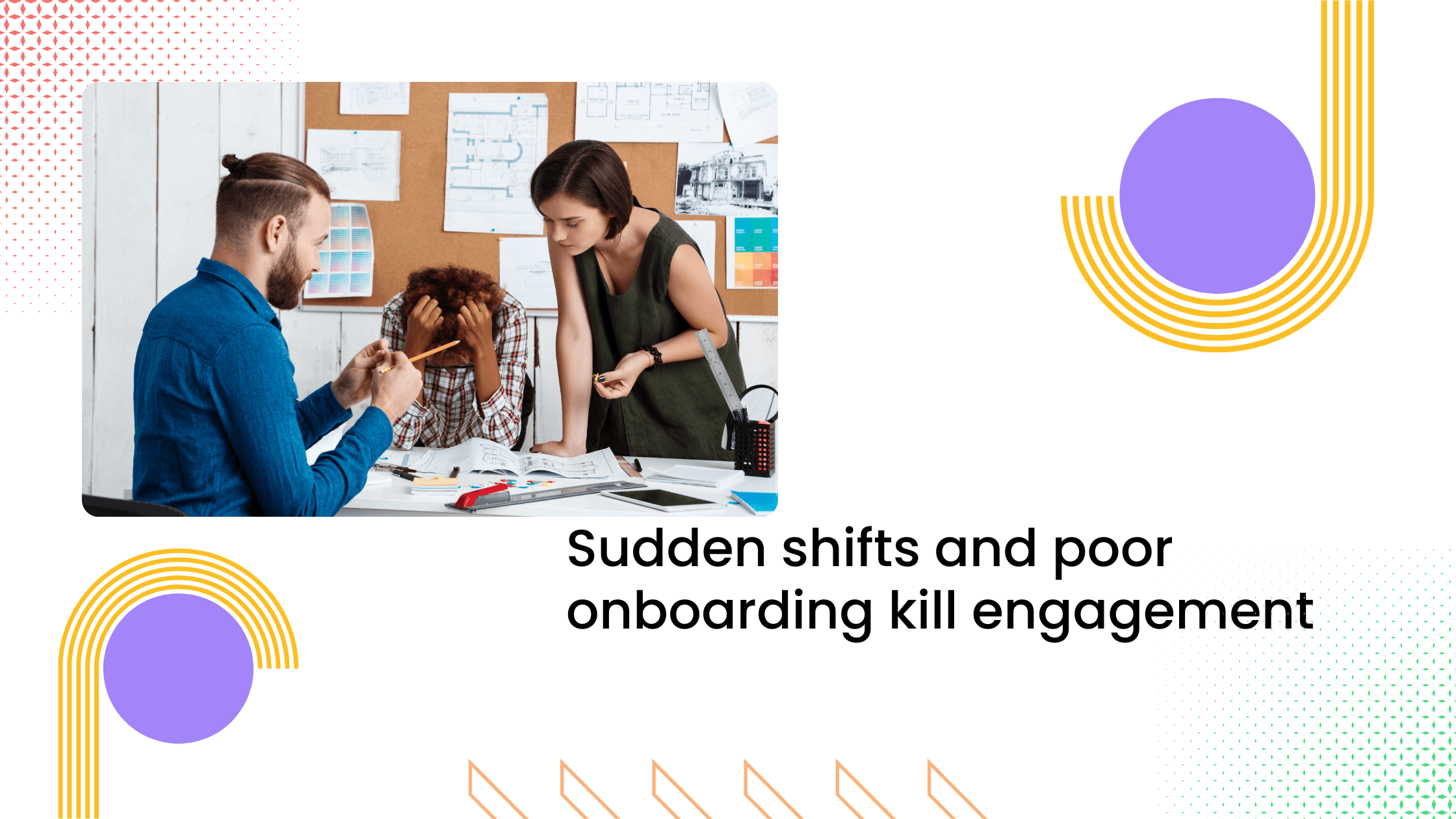 Coach speaking with stressed clients at a desk, illustrating confusion and frustration during poorly managed coaching programs and transitions.