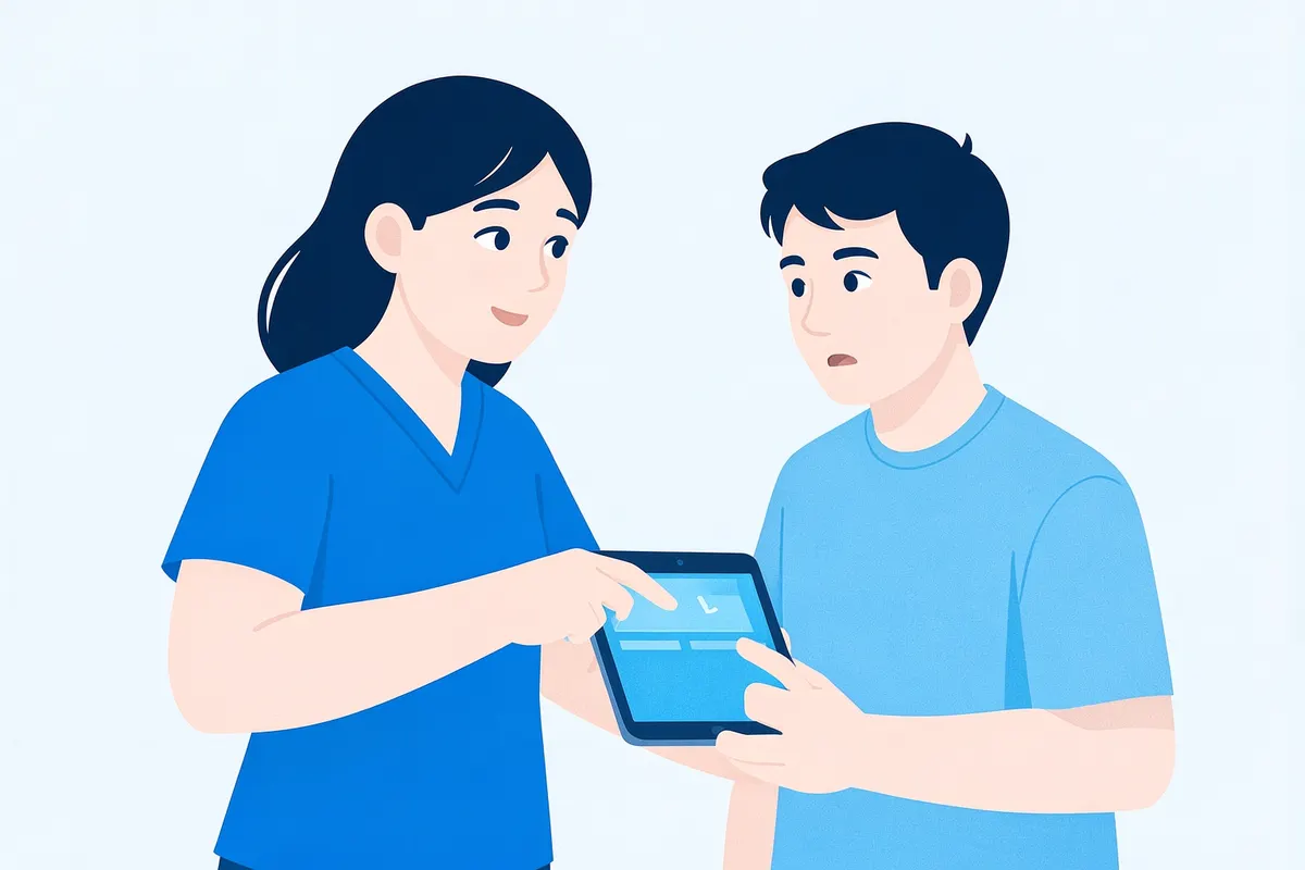 A doctor is pointing at a tablet screen while explaining something to a patient.