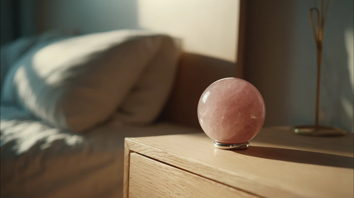 Rose quartz sphere on a bedside table in a bedroom.