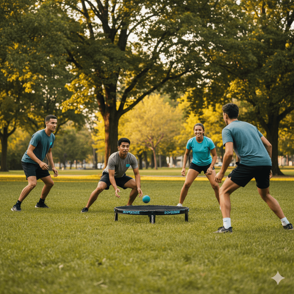 Groupe mixte de jeunes jouant au Spikeball sur une pelouse du parc, ambiance estivale et dynamique.