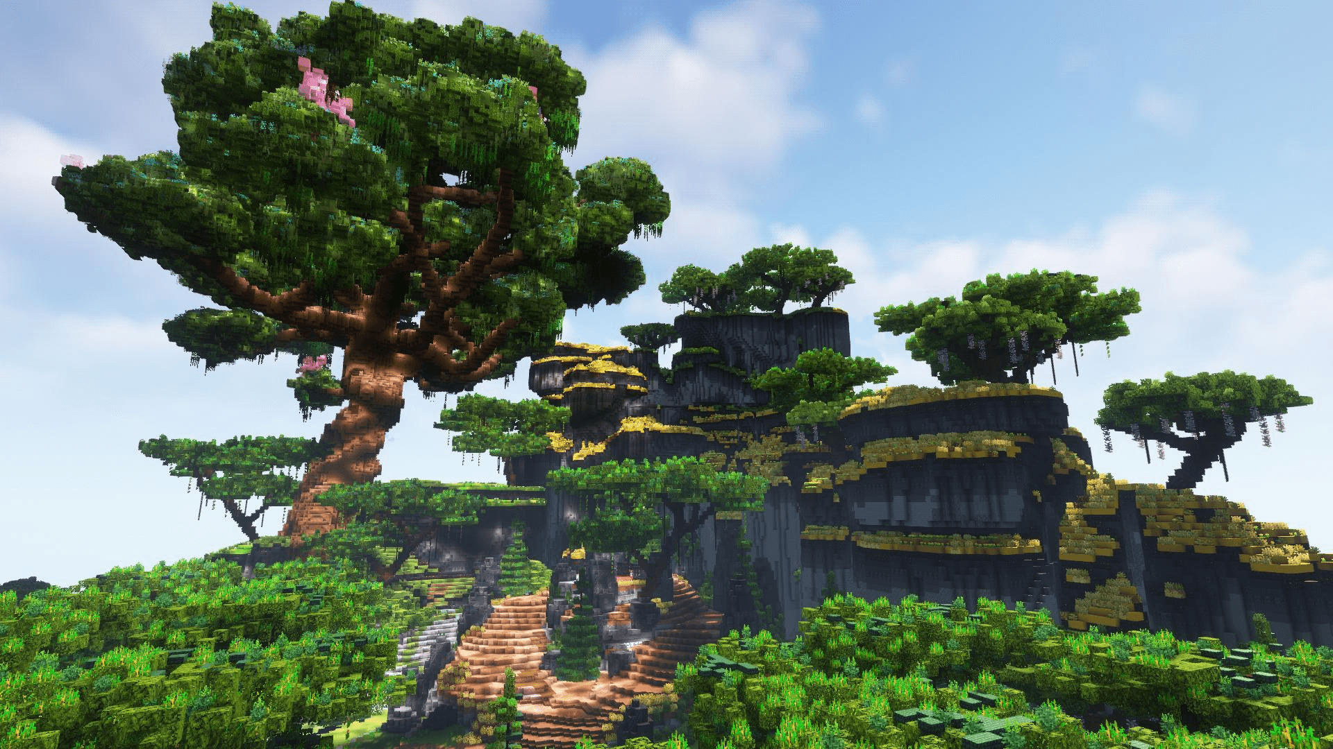 Created by Dexity, a Minecraft service build team that is an official Minecraft partner. a 600x600 cyberpunk 2077 themed spawn that functions as a lobby surrounded by lush terrain in a warzone that contains many regions and biomes