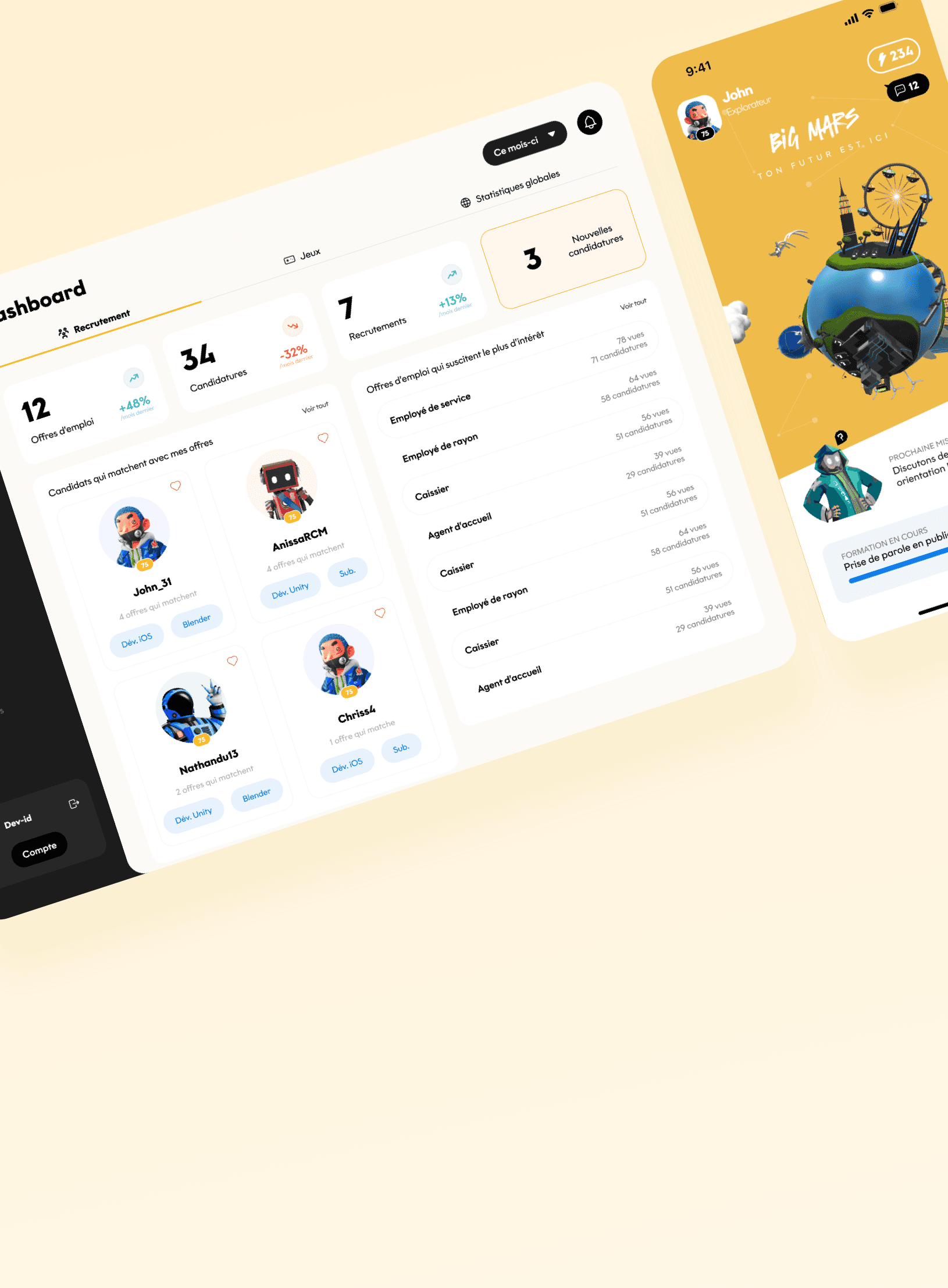 Interface montrant un tableau de bord de recrutement et un profil utilisateur sur l’application Big Mars.