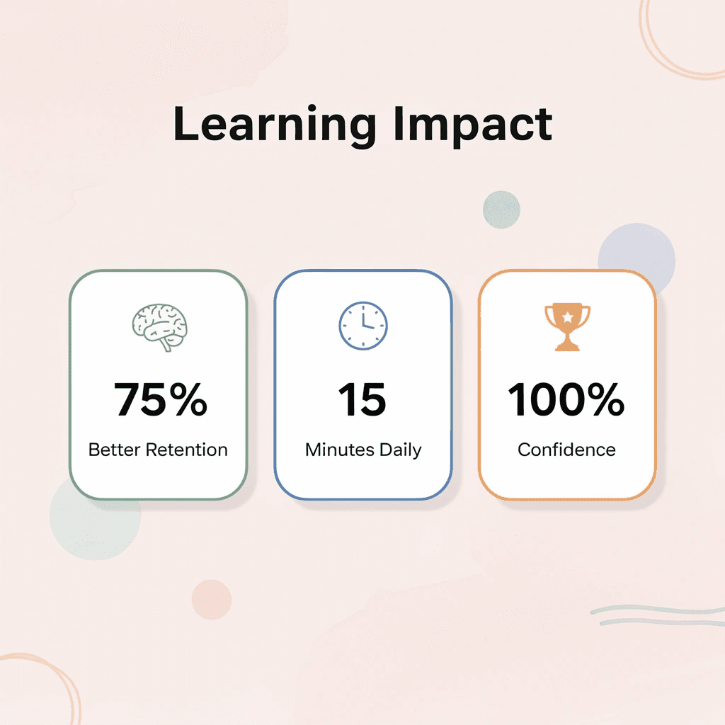 Statistics showing 75% better retention, 15 minutes daily practice, and 100% confidence