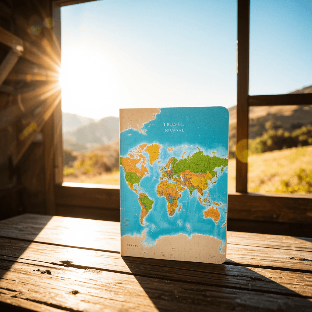 product photography of a travel journal with a world map design