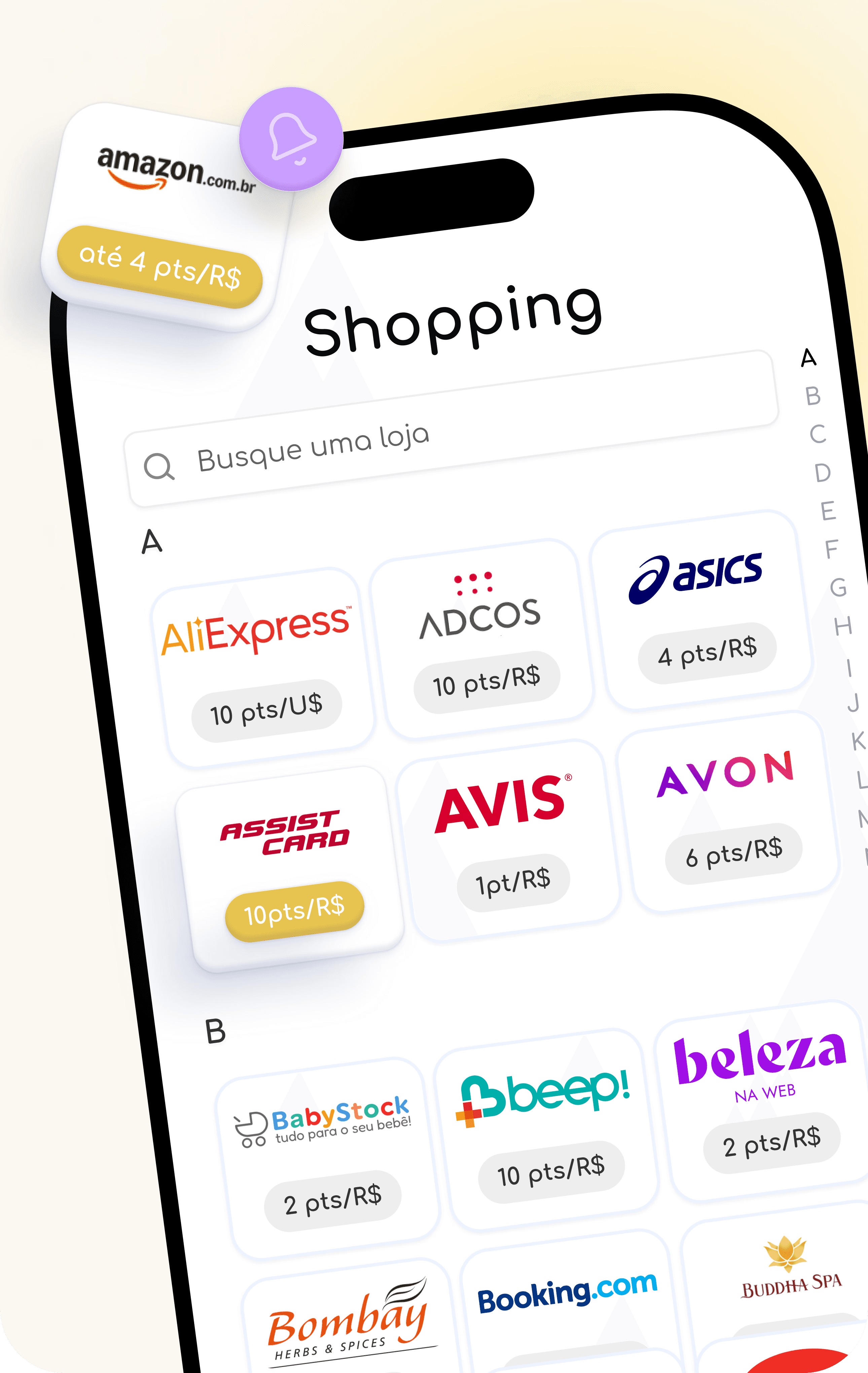 Interface do aplicativo AceleraPontos exibindo a aba de compras, com lojas parceiras e oportunidades de acúmulo de pontos e milhas.