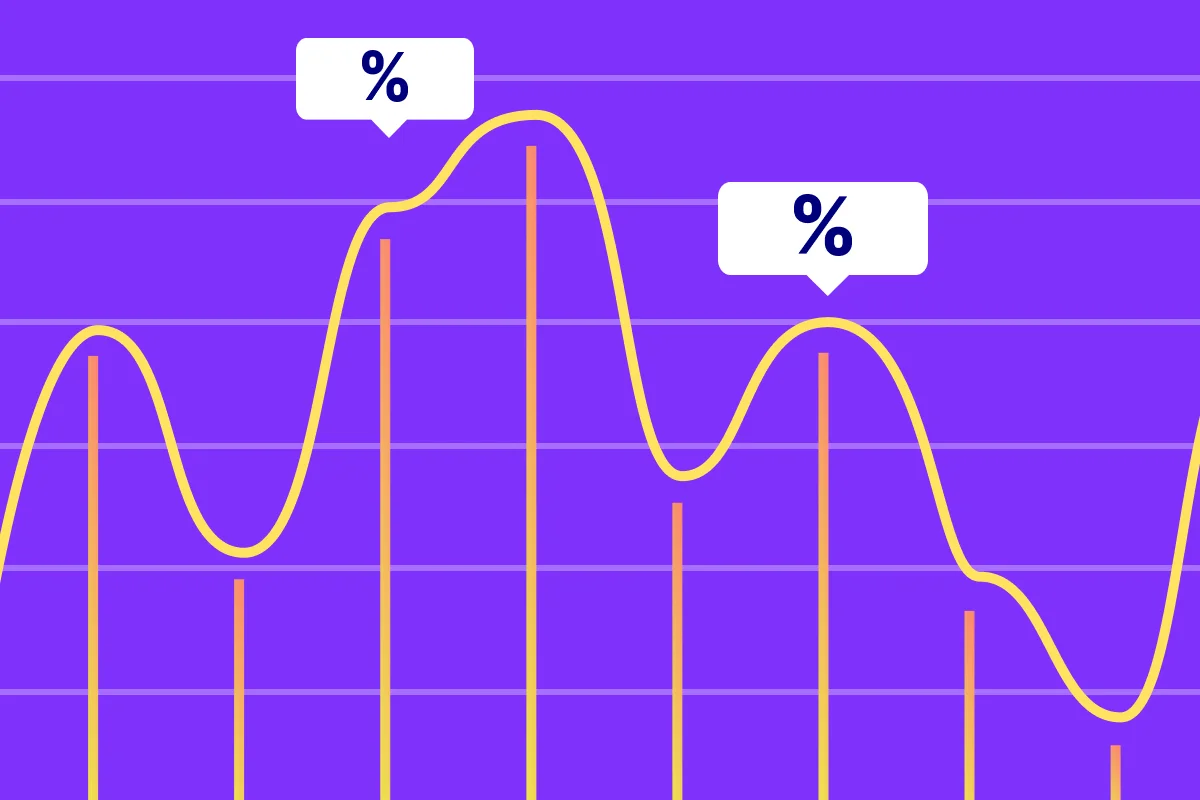 Line graph with a purple background displaying peaks and valleys, labeled with data points above the highest peaks.