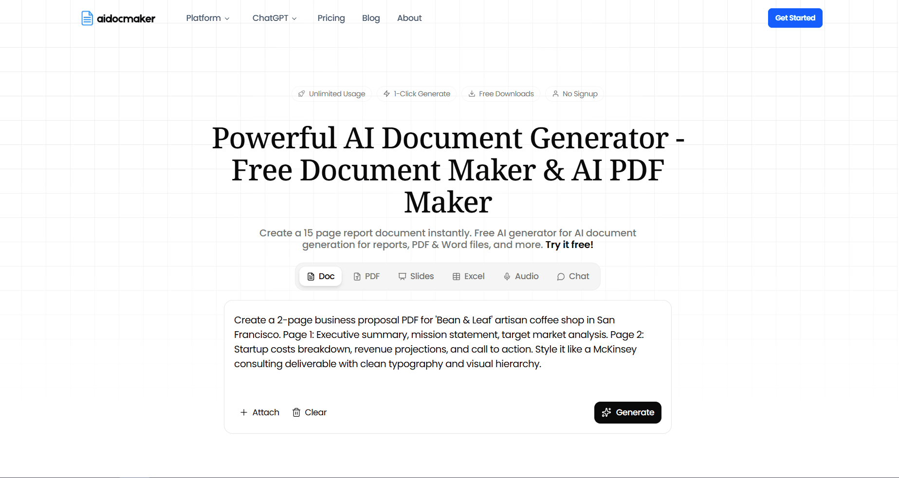 Homepage screenshot of aidocmaker featuring the headline “Powerful AI Document Generator” with options to create documents, PDFs, slides, Excel files, audio, and chat-based outputs.