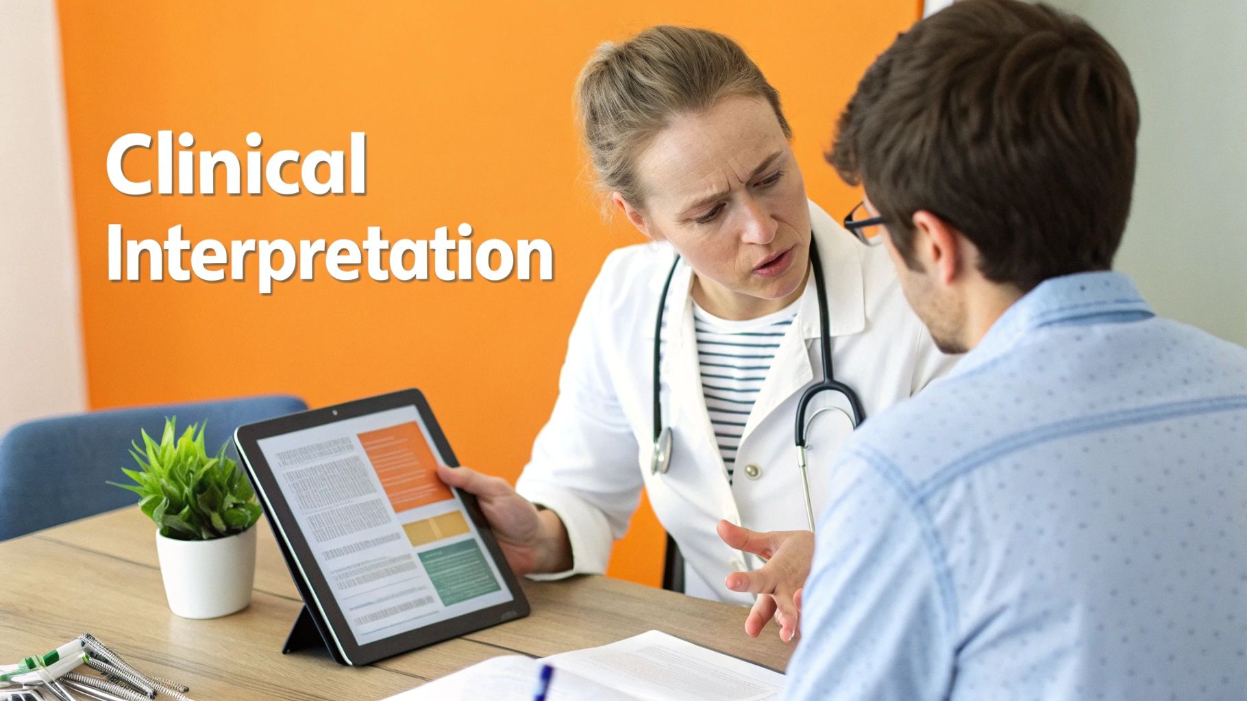 A female doctor explains medical information on a tablet to a male patient during a clinical interpretation.