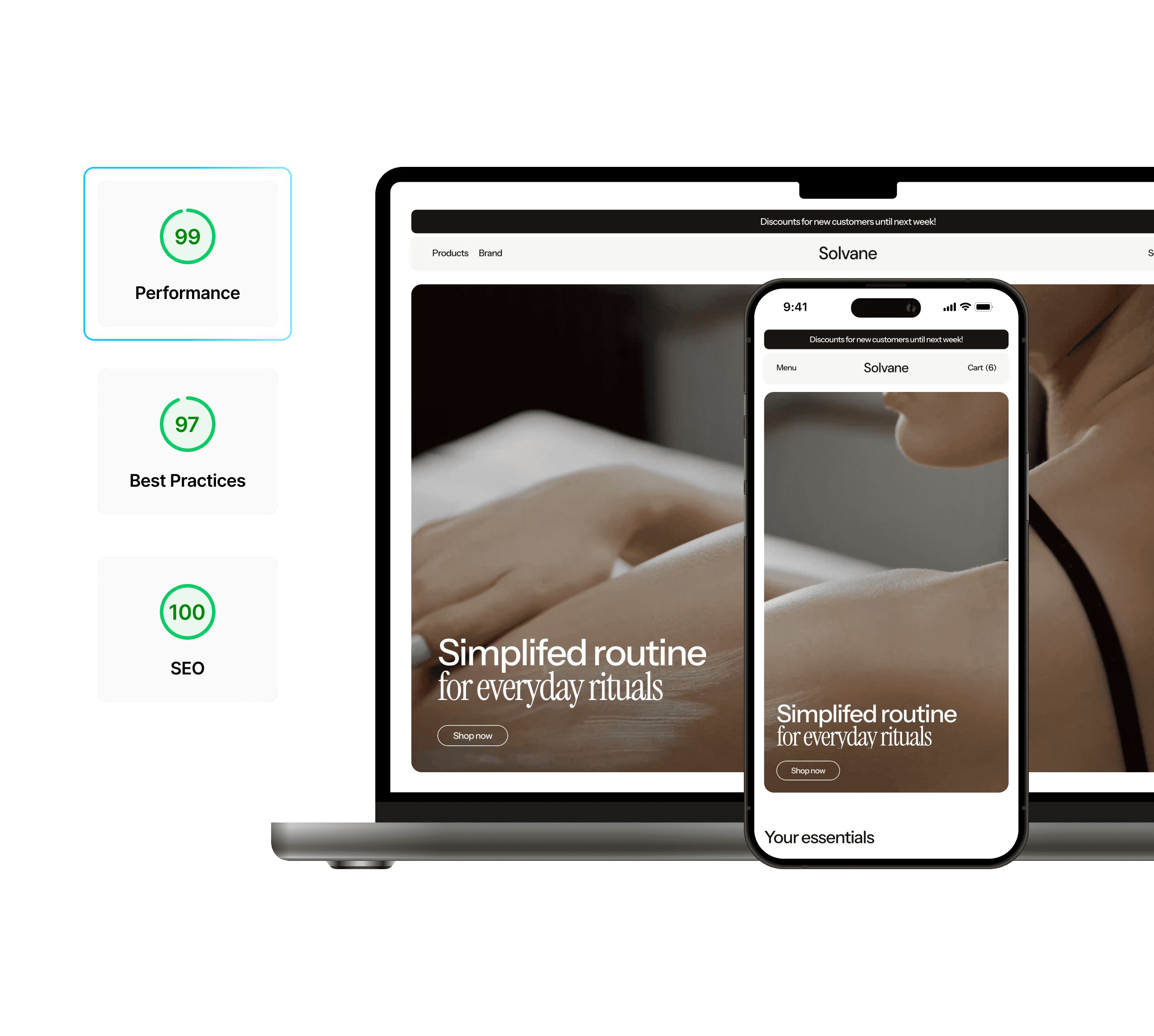 Framer eCommerce template achieving 100/100 SEO and 99 performance scores, demonstrating high-speed loading and best practices.