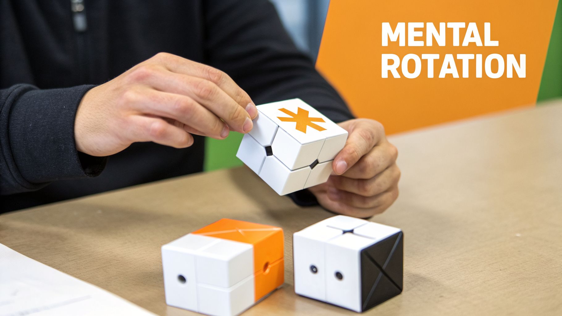 A person's hands hold a white puzzle cube with an orange asterisk on a wooden table.