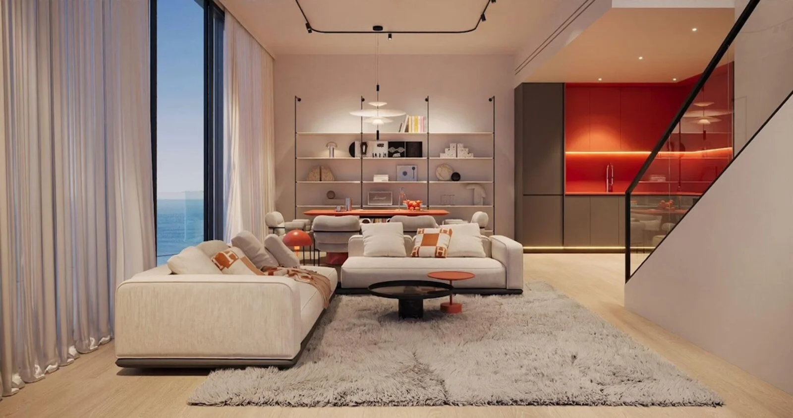 A modern living room featuring white furniture and vibrant red accents, designed in the Villa del Arte style.
