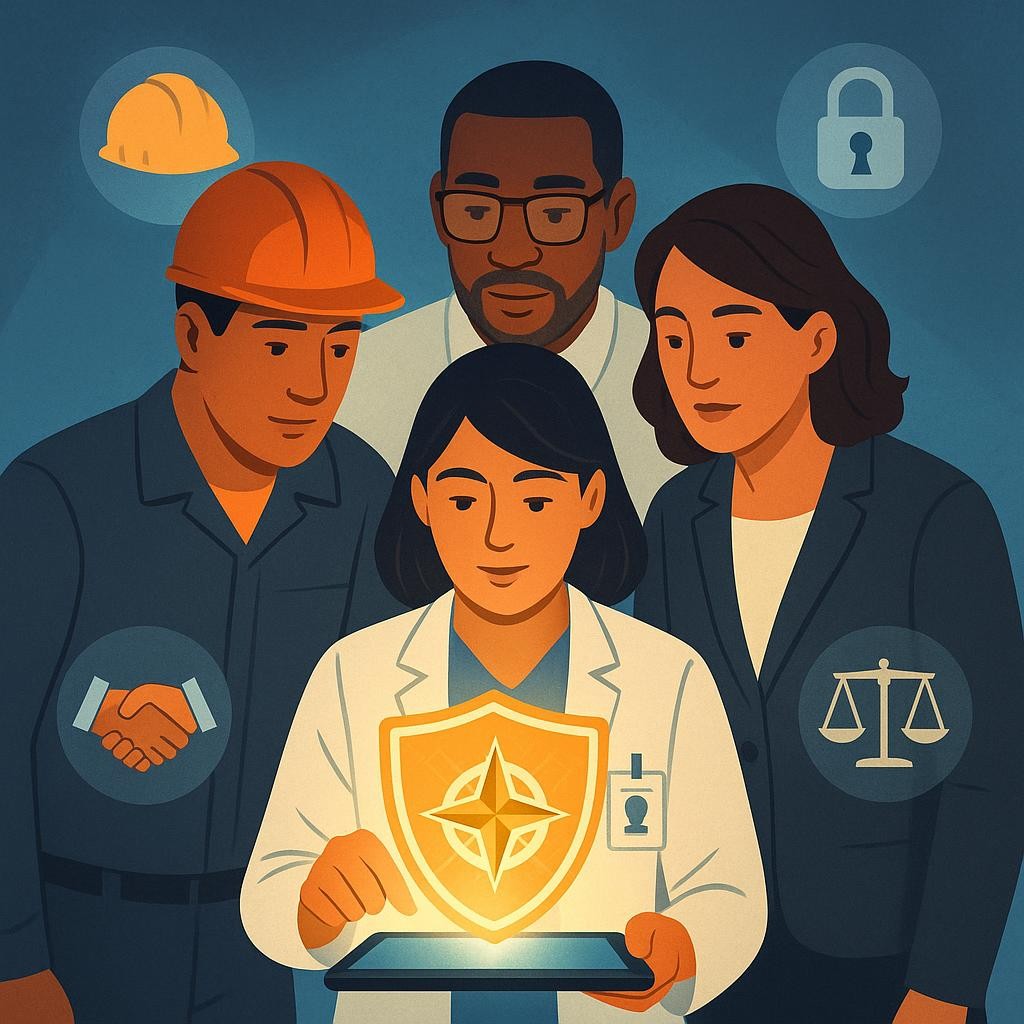 A diverse group of employees from various departments (e.g., office worker, factory worker, healthcare professional) looking at a central glowing shield or a compass on a tablet/screen, symbolizing legal and ethical guidance. Around them, subtle icons representing different compliance areas like a hard hat for safety, a padlock for data privacy, a handshake for anti-harassment, and a balance scale for ethics. The style is modern, professional, slightly conceptual, vibrant but not cartoonish, emphasizing collaboration and clarity. This image illustrates the comprehensive nature of compliance training across various domains and its role in guiding diverse teams, visually reinforcing that compliance training covers a wide range of critical areas and acts as a protective guide for all employees, setting the stage for why it's a