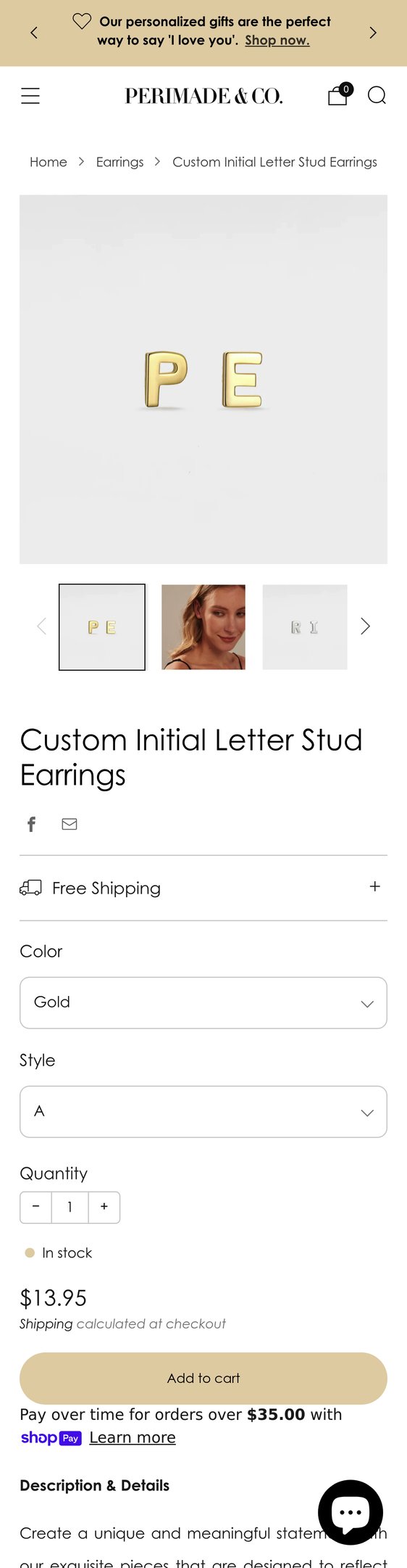 Jewelry product options include: earring for Custom Initial Letter Stud Earrings from Perimade & Co..