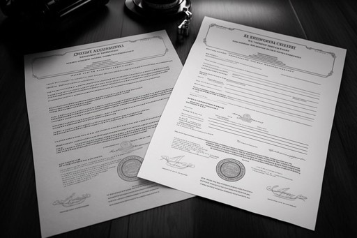 Two legal documents with official seals and signatures laid out on a dark wooden surface next to a gavel, indicating a legal or judicial setting.