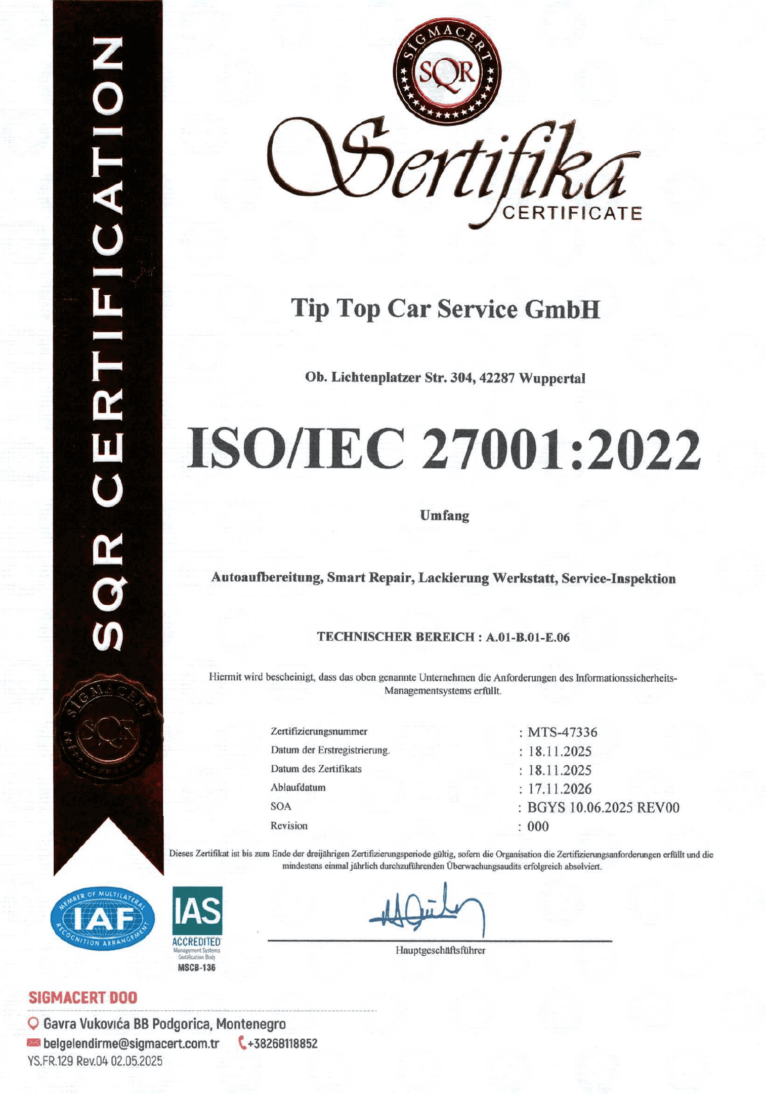 Zertifikat Isozert Tip Top