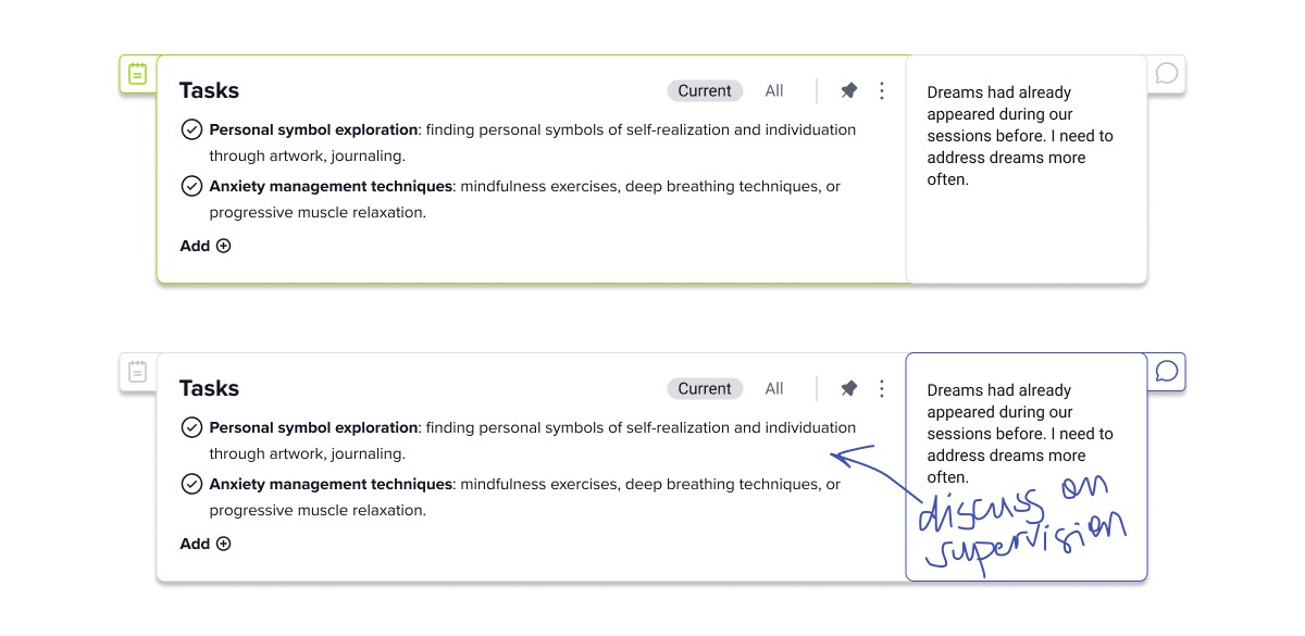 Tasks widget with an analysis comment in the margin, attached to the widget and kept out of the live note