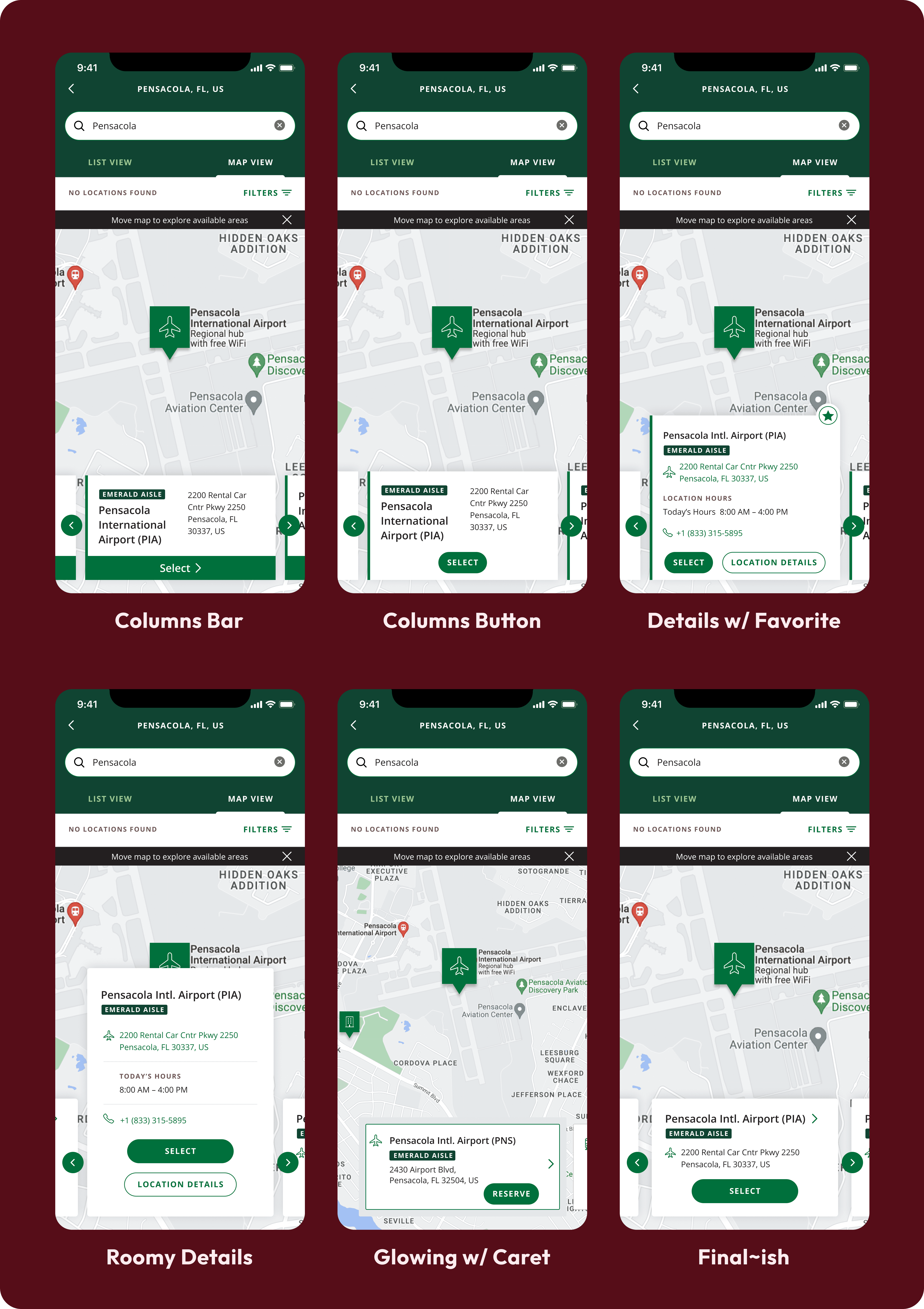 Six Map View location detail card iterations, some with columns, some with rows, a varying amount of information & other differences.