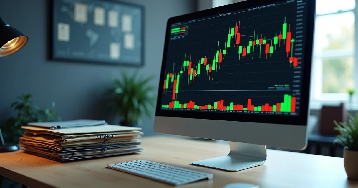Gráfico em tela de computador com preços de ativos em alta e queda, mostrando natureza volátil do mercado