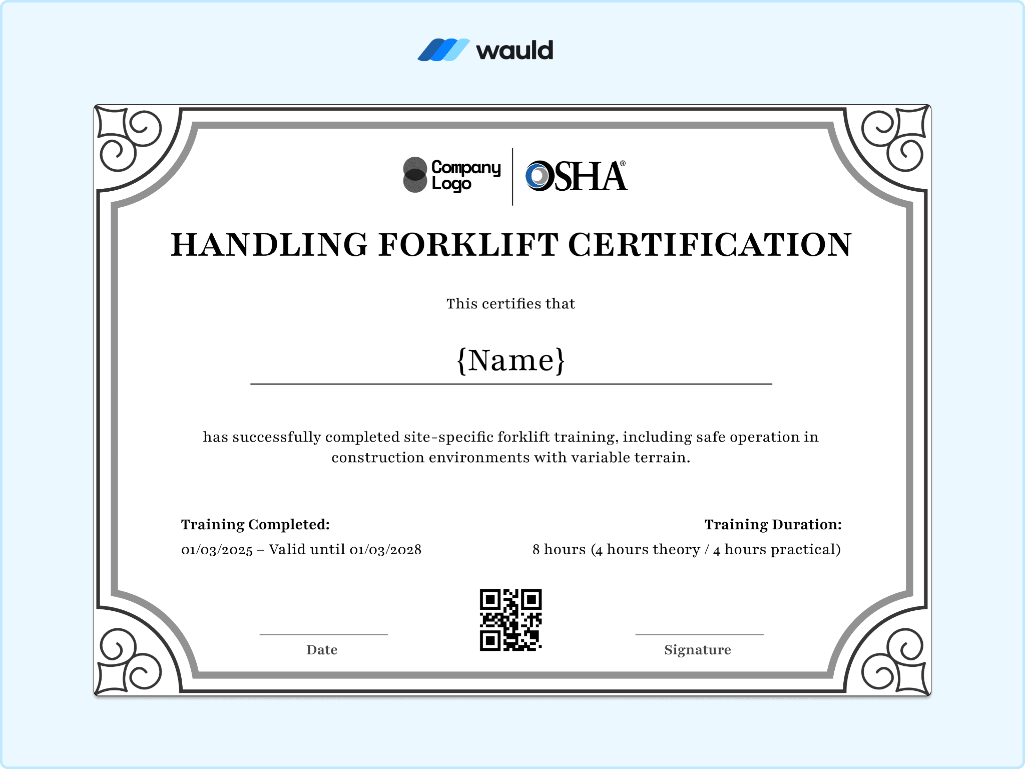 Handling forklift certification template with formal decorative border and squared corners, recipient name field, operator training requirements, certification dates, QR code, and signature line