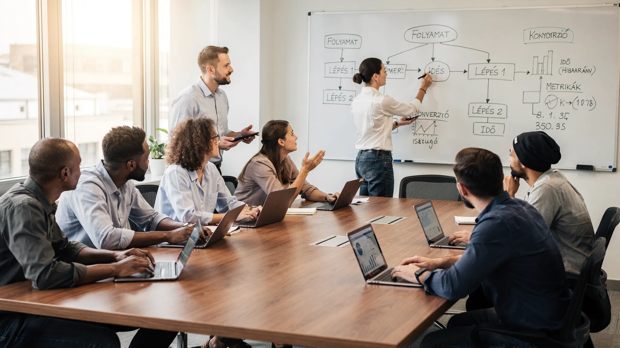 Egy tárgyalóasztalnál ülő, fehér táblára jegyzetelő IT csapat workshop közben, folyamatábrát és metrikákat beszélnek át.