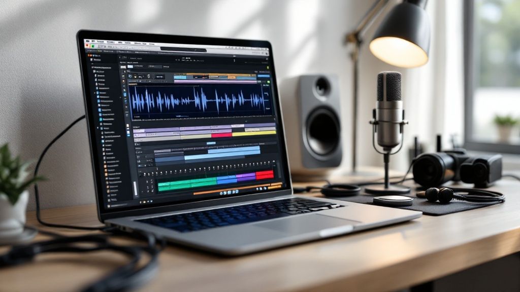 A person using a a digital audio workstation on a laptop with headphones on, creating music.