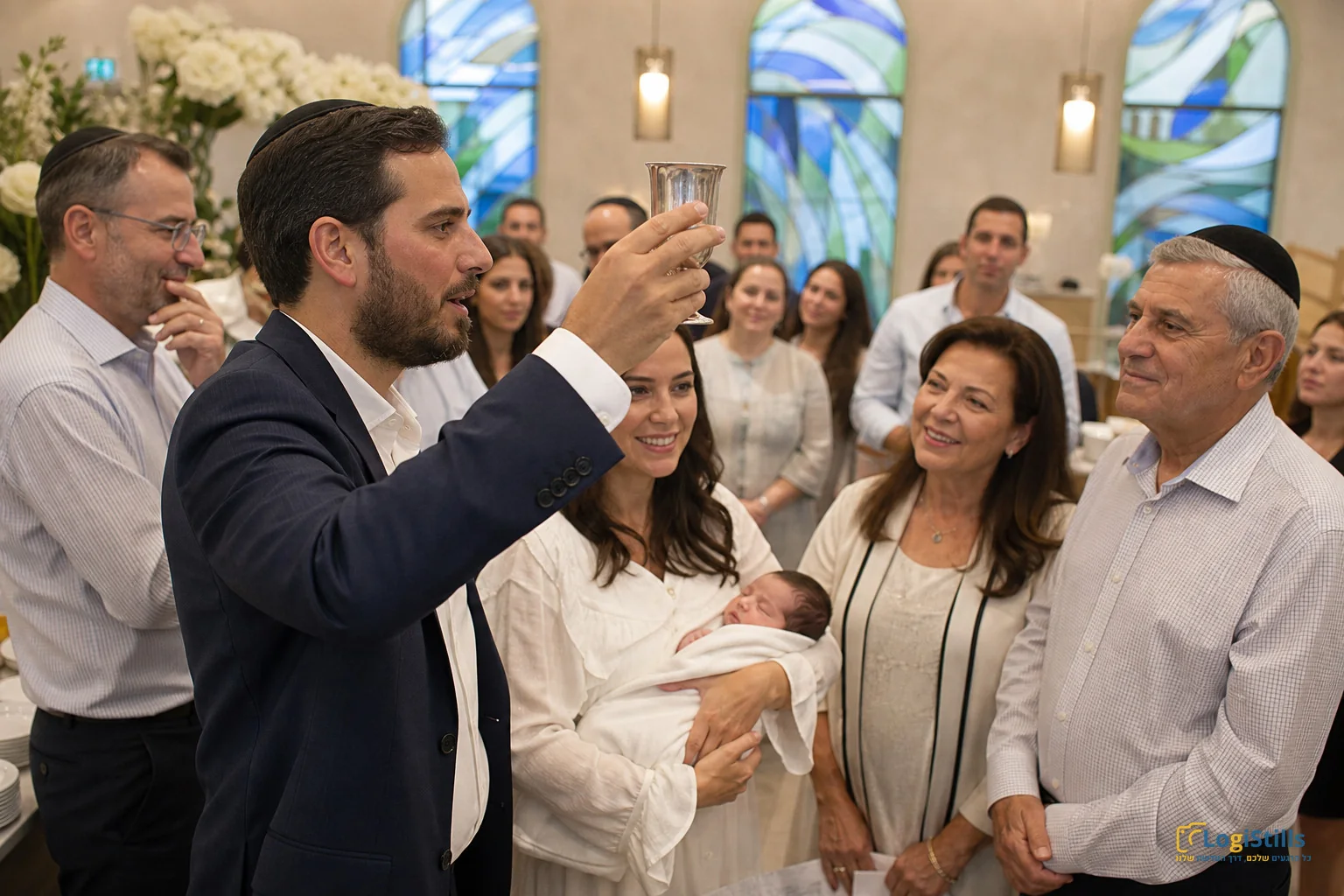 האב מרים כוס קידוש לצד המשפחה בטקס הברית