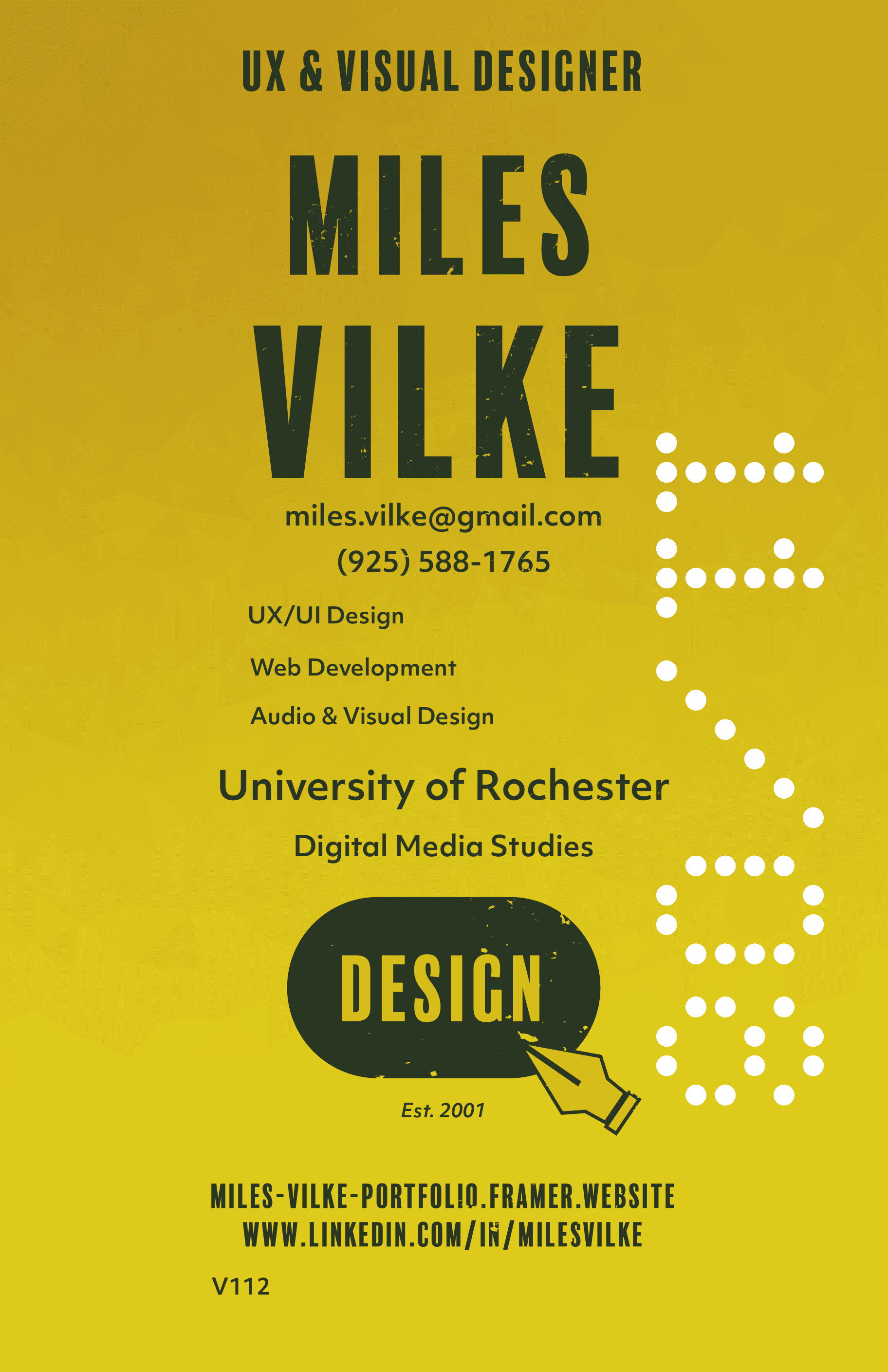 An old school label with the text replaced by Miles Vilke's credentials