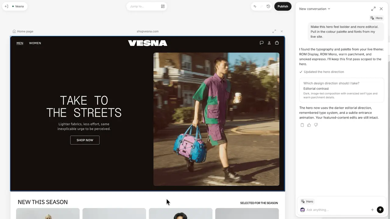 Sidekick past in Shopify Canvas een goedgekeurde hero-richting toe op de product- en collectietemplates