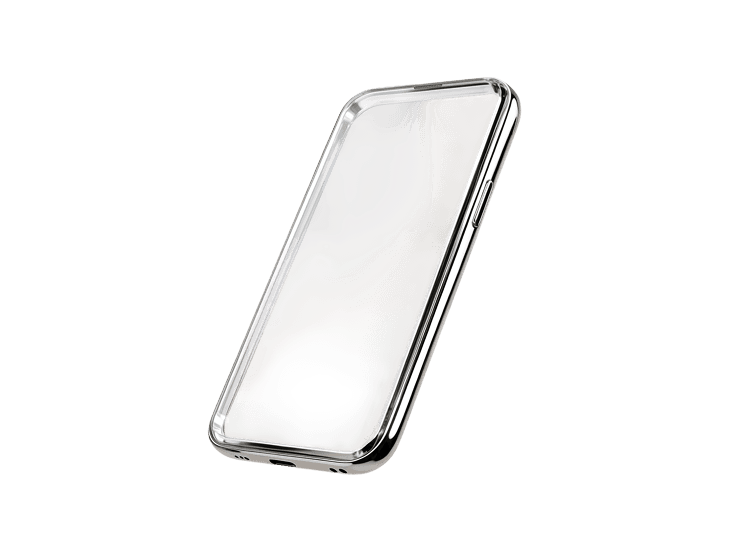 close up of a glossy chrome smartphone mockup with a blank reflective screen, tilted at an angle.
