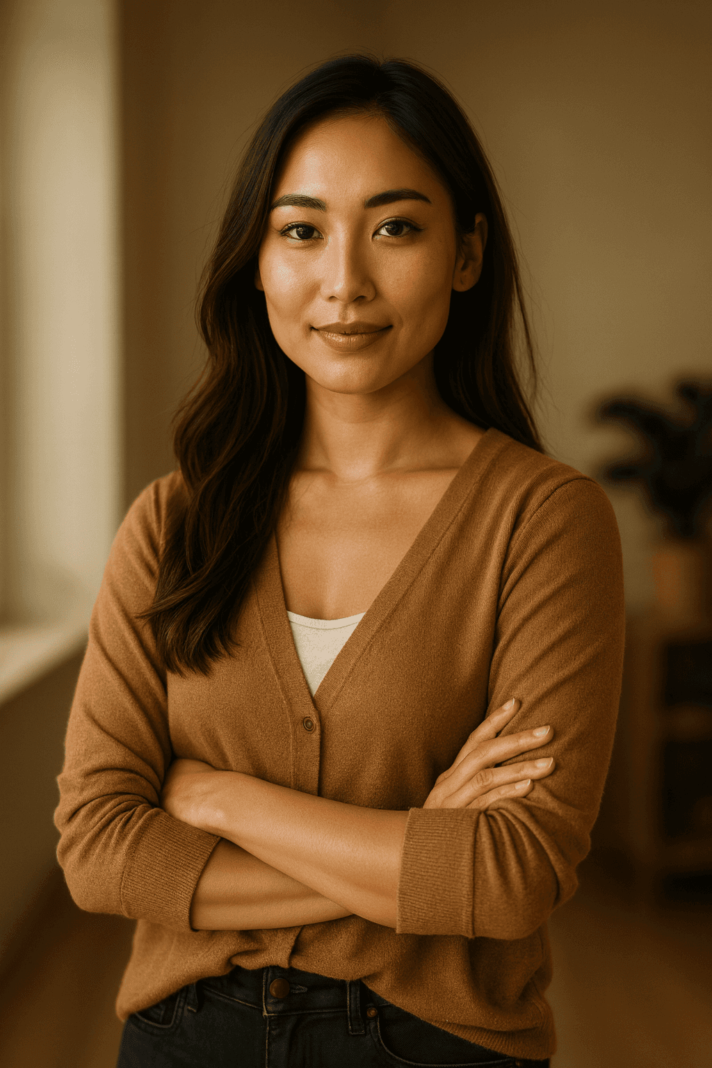 Smiling young man with short hair poses against a dark background, wearing a green button-up shirt.