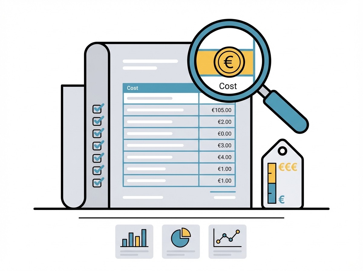 Illustration einer Kostenanalyse: Eine Lupe vergrößert das Euro-Symbol und das Wort „Cost“ auf einer Liste mit Preisen und Diagrammen.