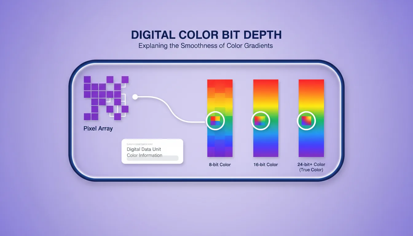 Clean vector infographic, data visualization style, explaining digital color bit depth. On a soft lavender gradient background, a central element inside a rounded rectangle with a glowing dark blue border. On the left, a purple pixel grid diagram is connected by a line to a white card with abstract placeholder text. On the right, three vertical bars compare rainbow color gradients: the first bar shows severe, blocky color banding; the second shows moderate banding; and the third shows a very smooth gradient. Each bar has a magnifying circle showing a close-up of the gradient texture. The illustration has a clean 2.5D aesthetic with soft global illumination and subtle drop shadows.