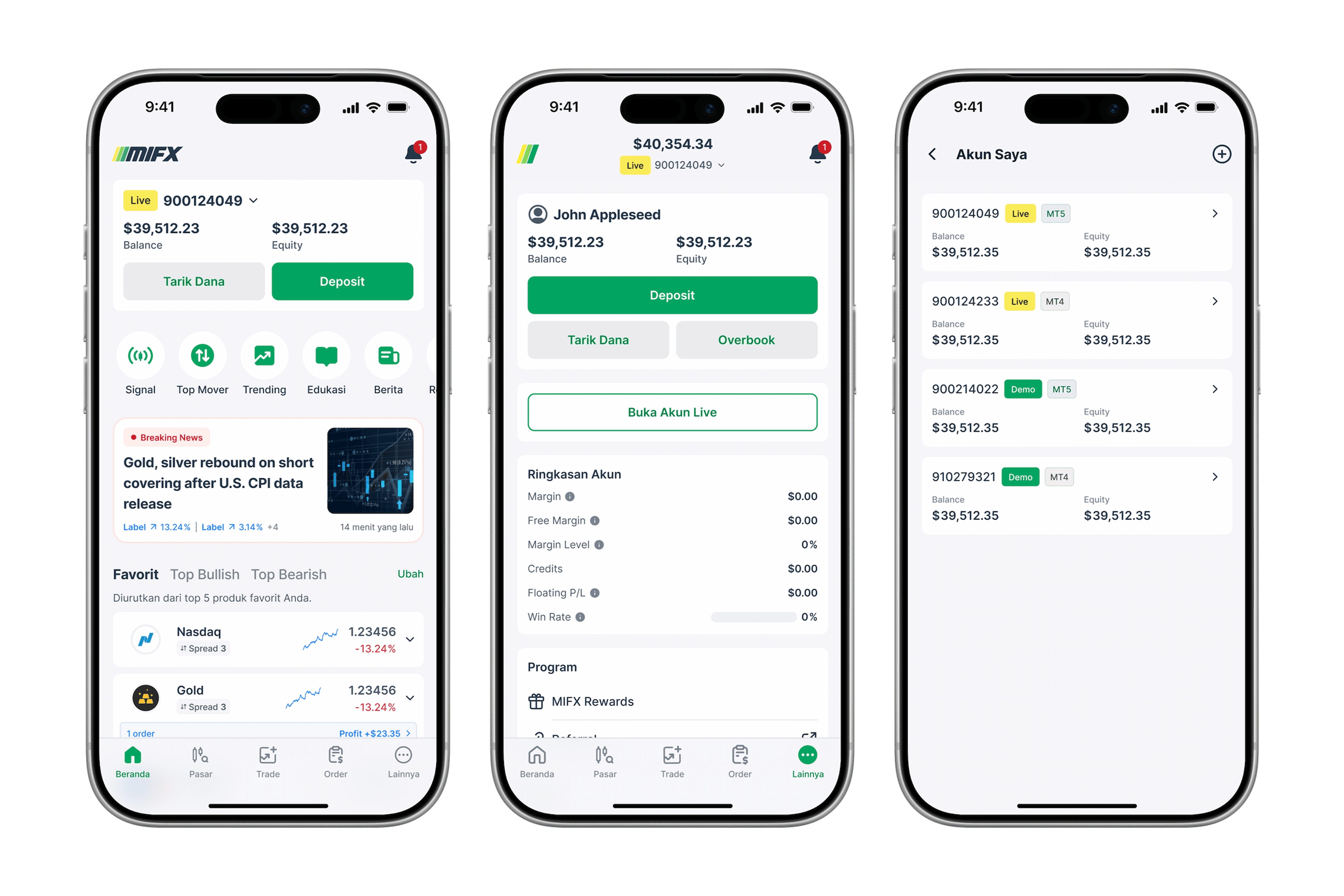 Home, More, and Account List pages